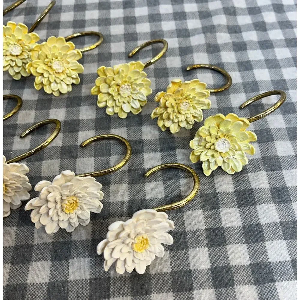 Vintage Shower Curtain Hooks Chrysanthemum Yellow White Brass Tone Set of 12